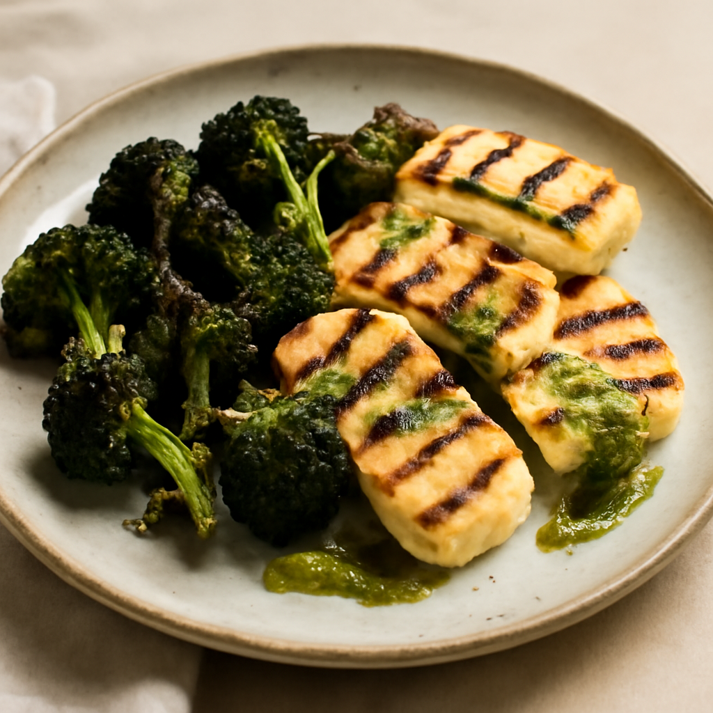 Grilled Halloumi with Roasted Broccoli & Hemp Pesto