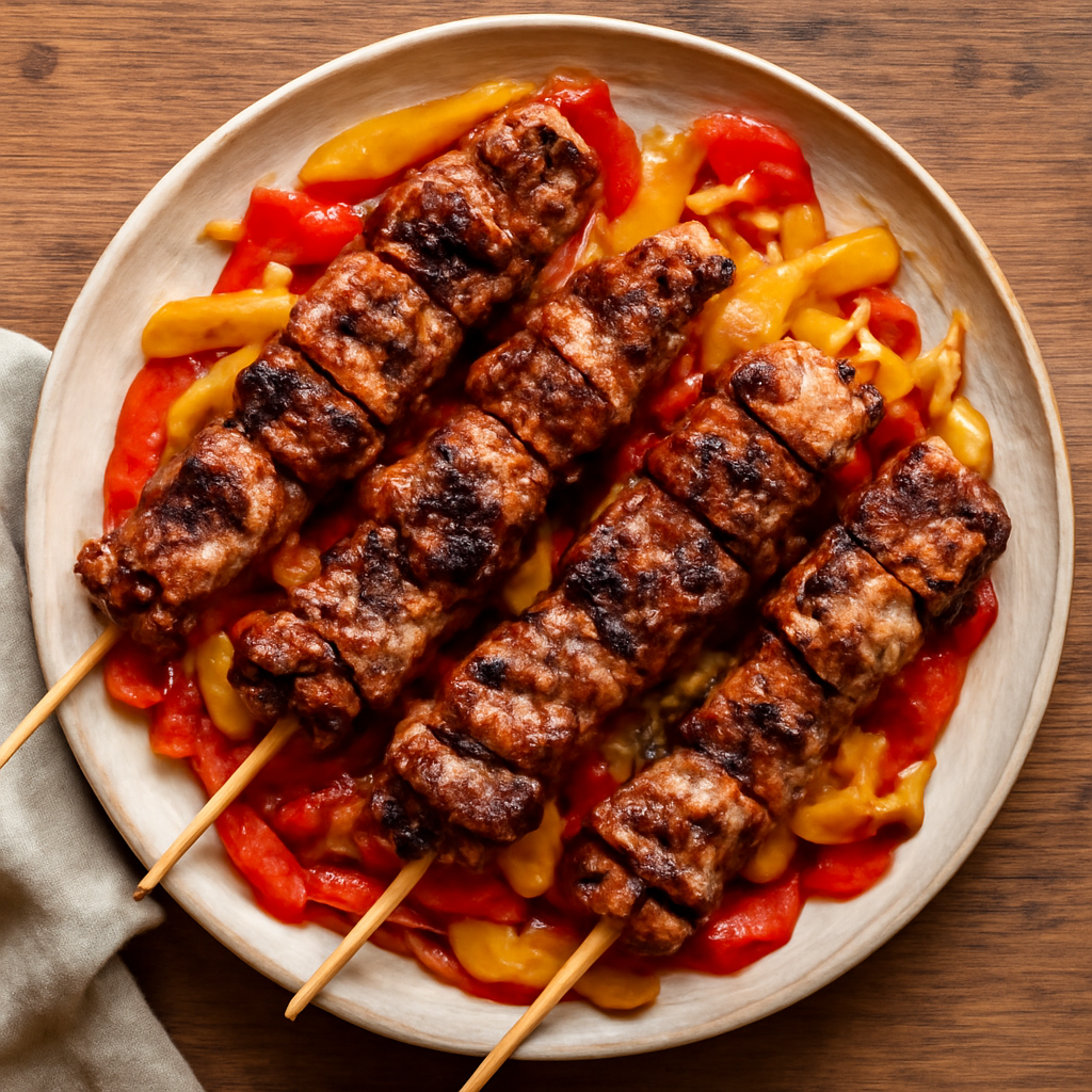Iberian Pork Skewers with Roasted Pepper Salad