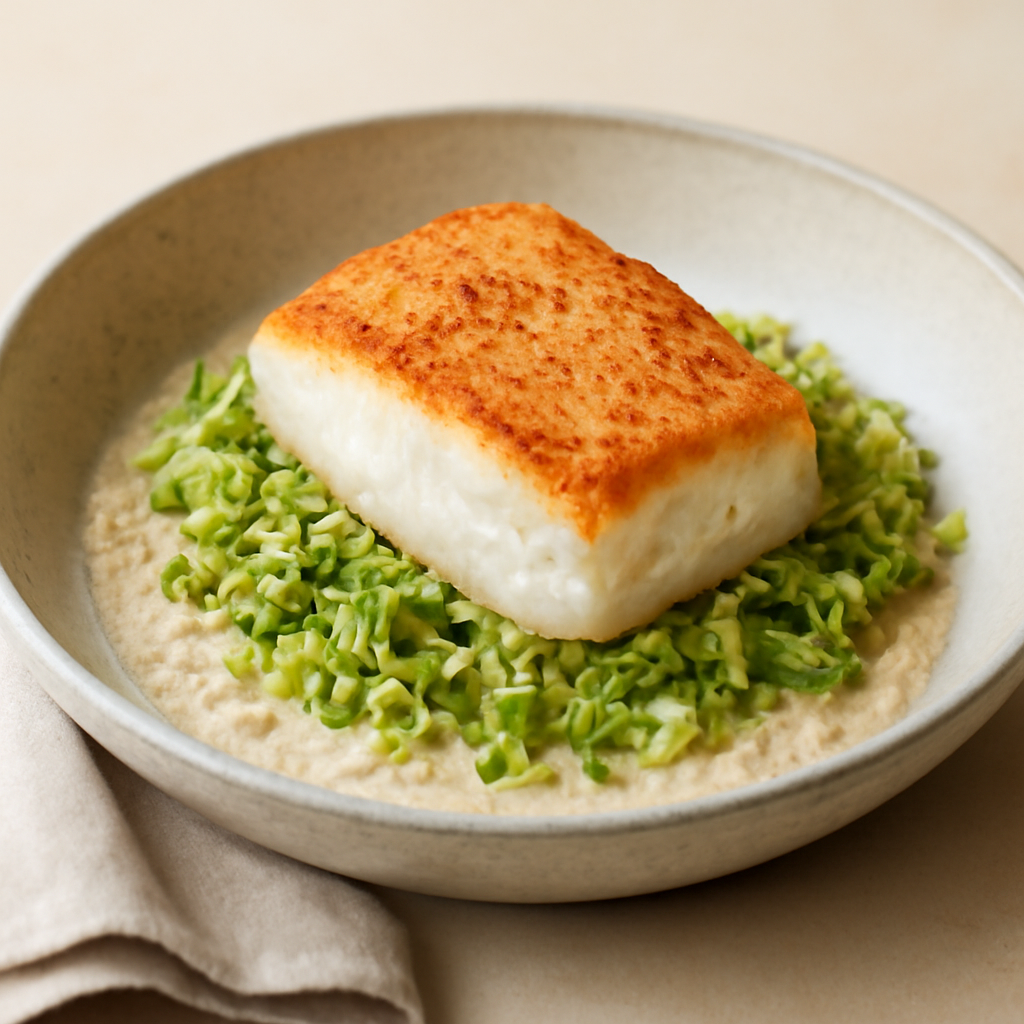 Nordic Cod with Creamy Mustard & Brussels Sprout Hash